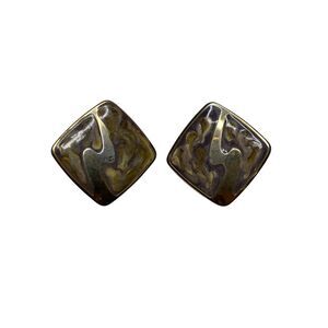 Vintage Abstract Enamel Square Post Earrings Gold Tone Brown Retro Art Style